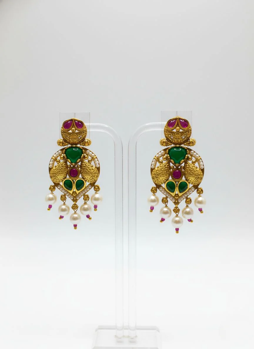 Traditional Gold-Plated Temple Necklace Set with Kundan, Ruby–Green Enamel - Image 2