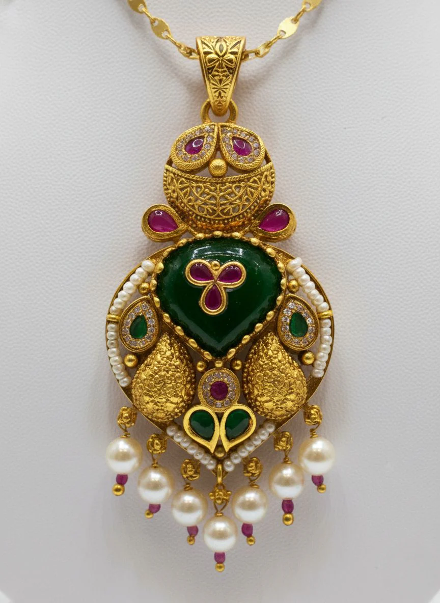 Traditional Gold-Plated Temple Necklace Set with Kundan, Ruby–Green Enamel - Image 3