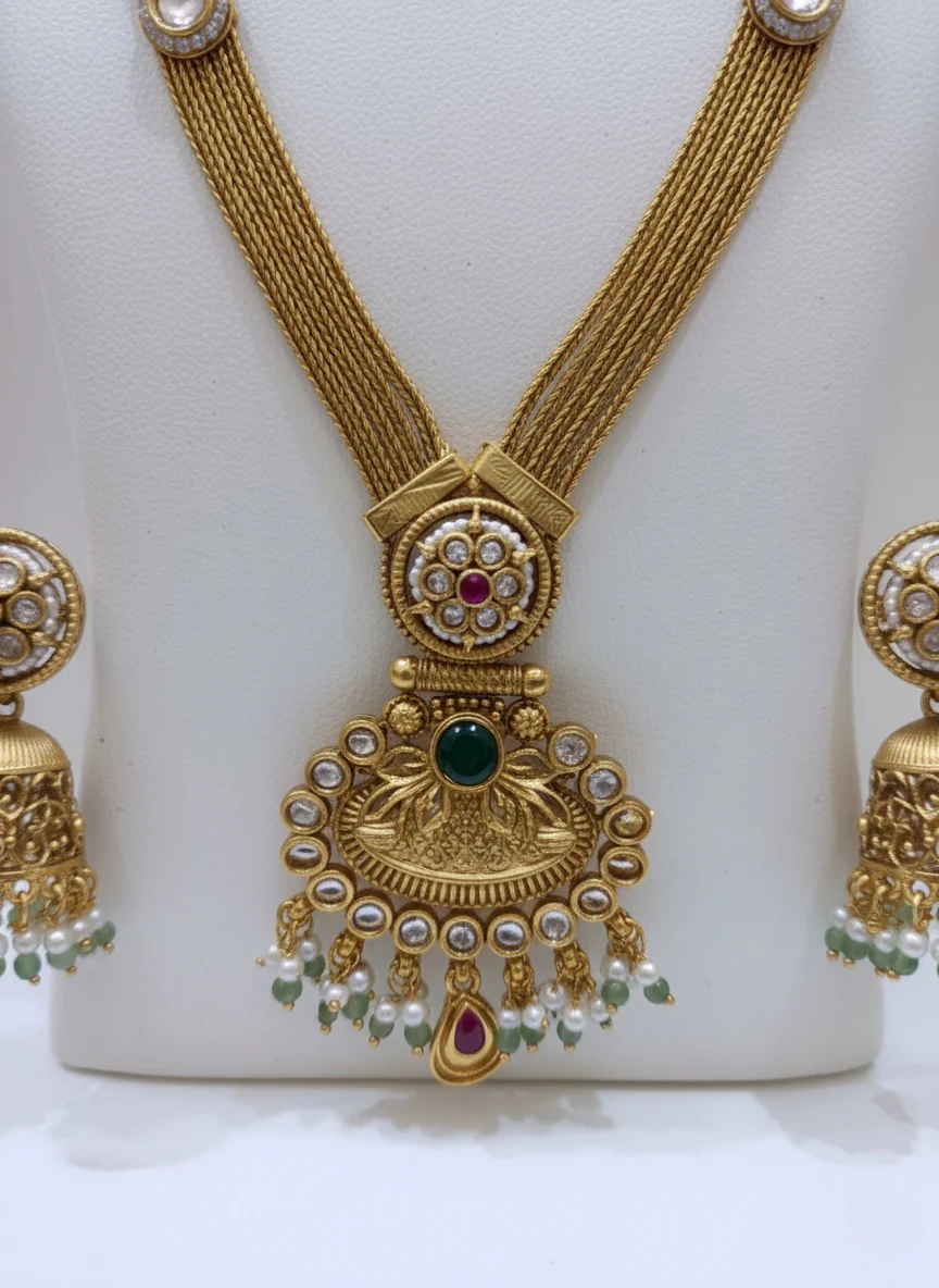 Traditional Gold Temple Necklace with Jhumka Earrings - Image 2