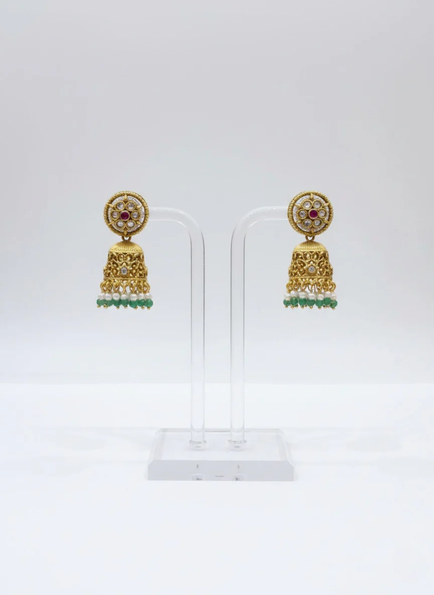 Traditional Gold Temple Necklace with Jhumka Earrings - Image 3