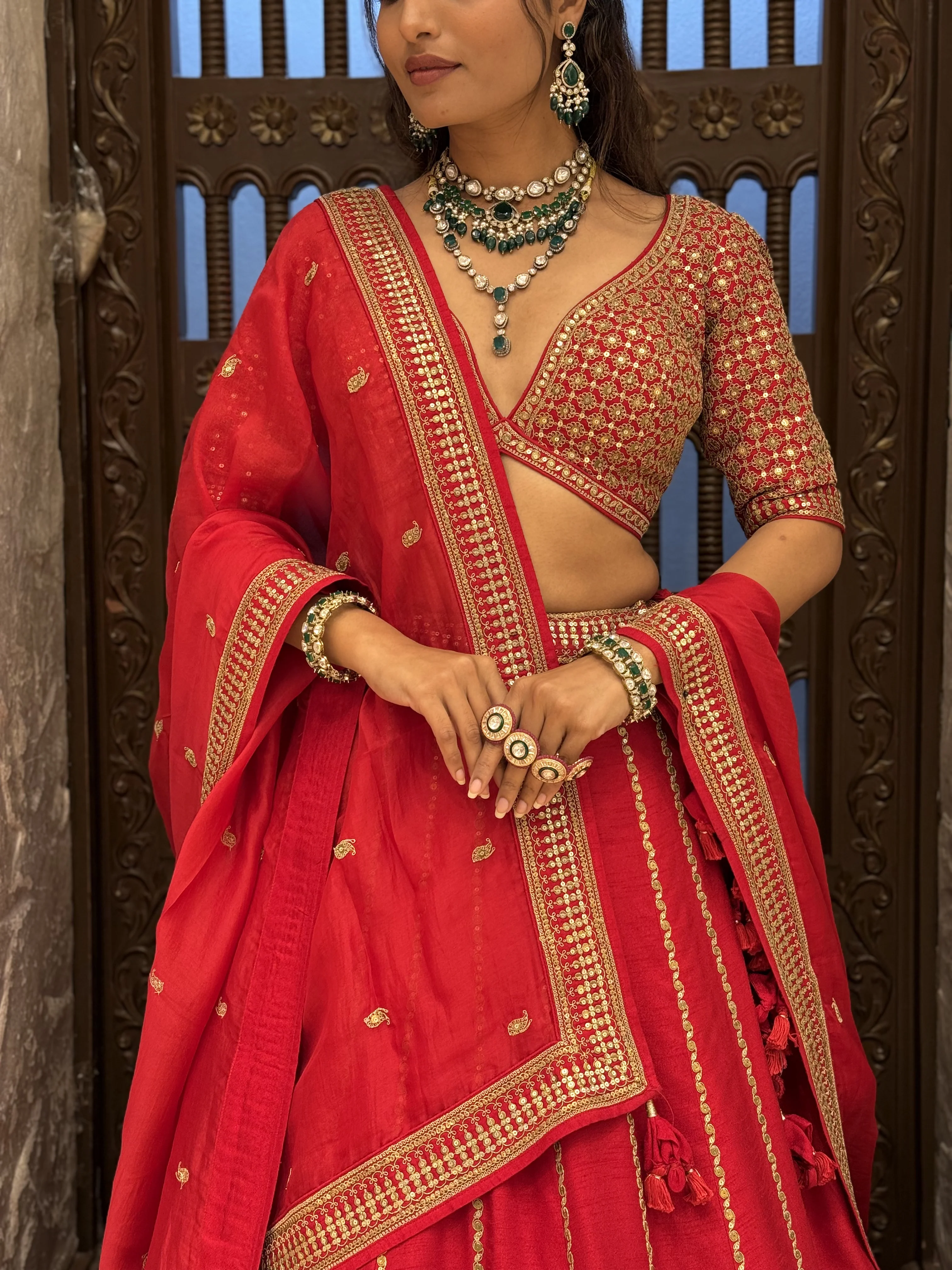 Traditional Heavy Embroidered Bridal Lehenga Set with 2 Blouses & Dupatta - Image 2
