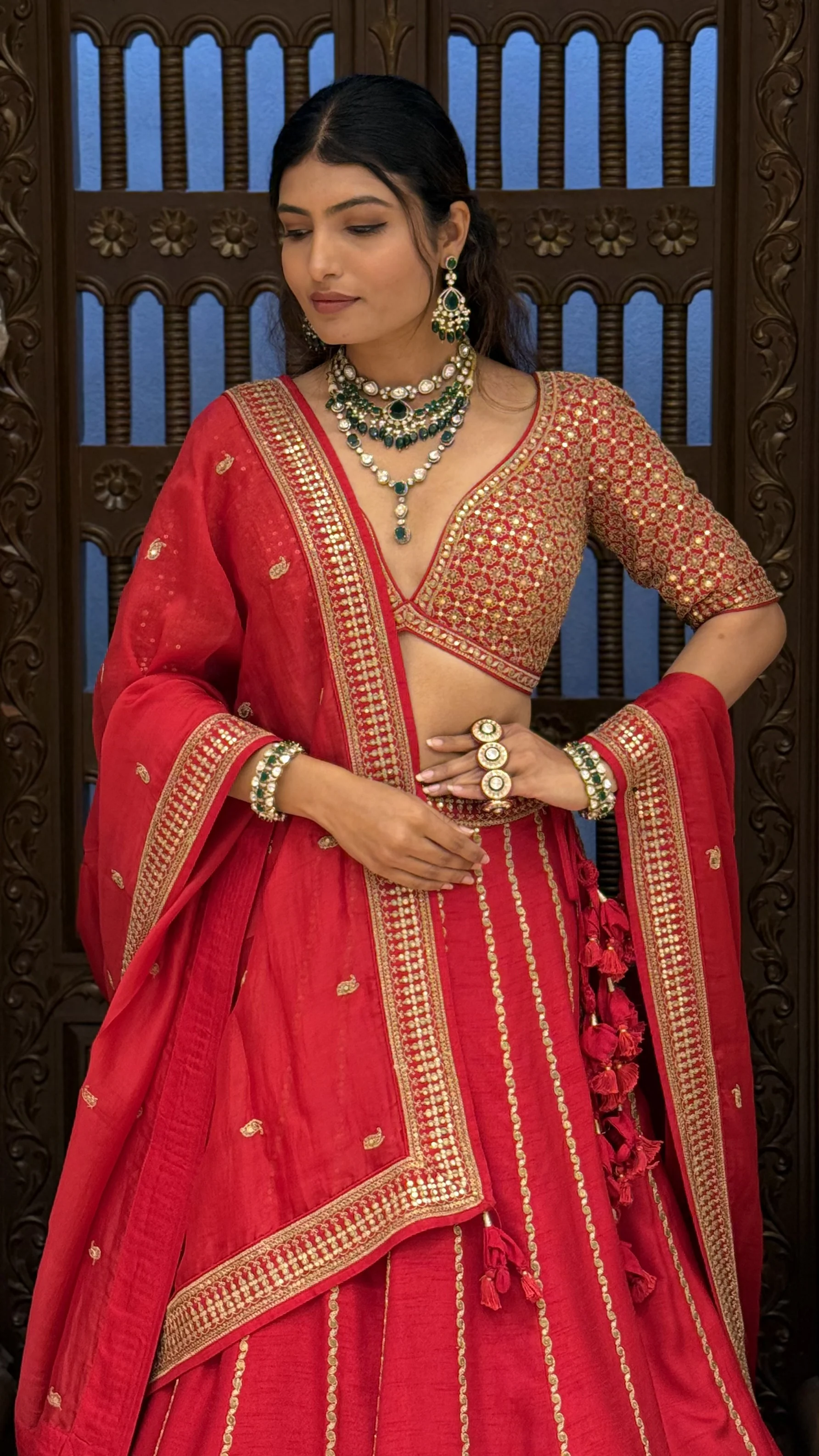 Traditional Heavy Embroidered Bridal Lehenga Set with 2 Blouses & Dupatta - Image 3