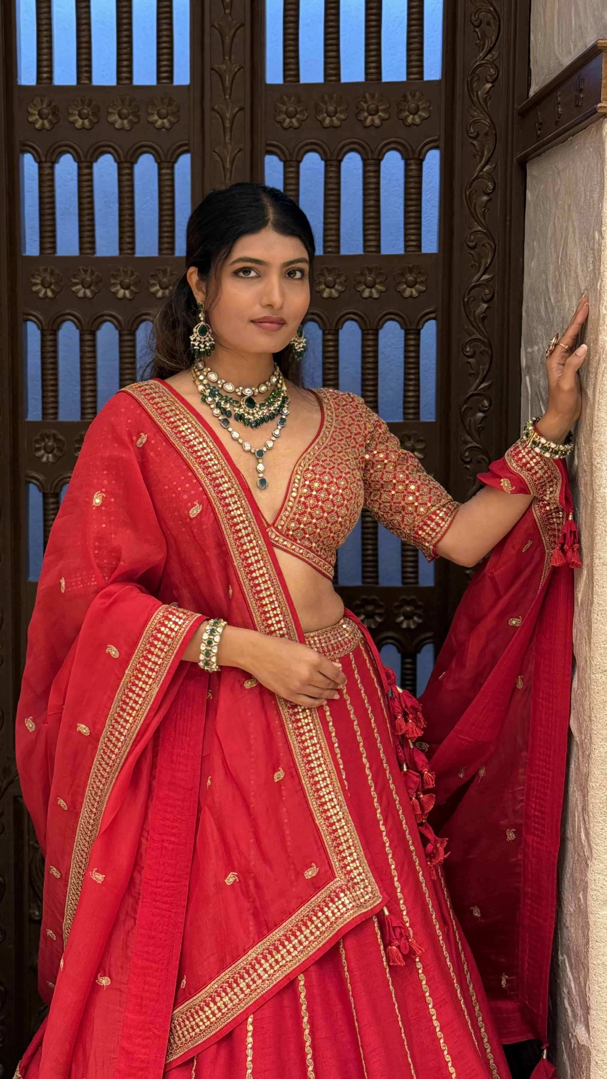 Traditional Heavy Embroidered Bridal Lehenga Set with 2 Blouses & Dupatta - Image 4