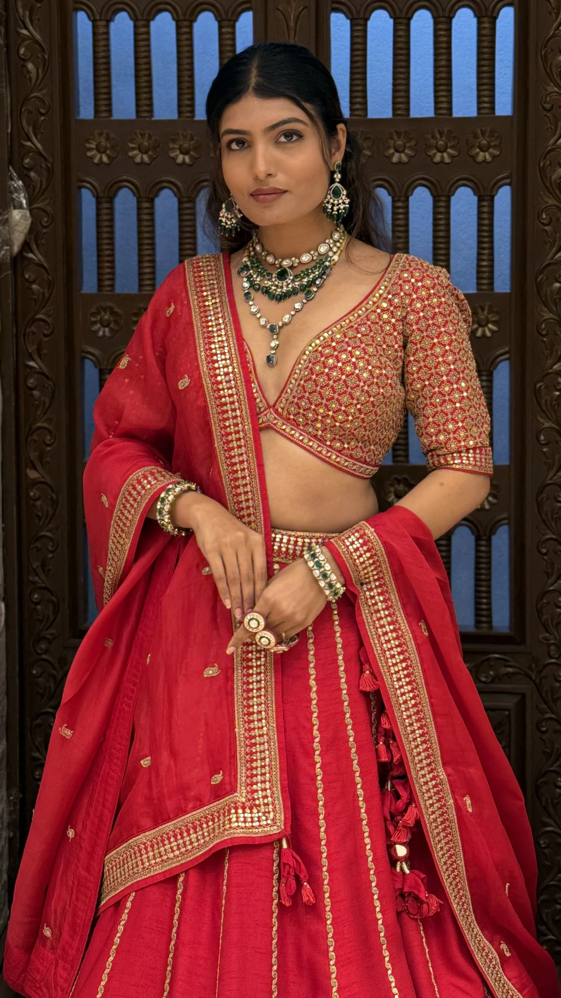 Traditional Heavy Embroidered Bridal Lehenga Set with 2 Blouses & Dupatta - Image 5