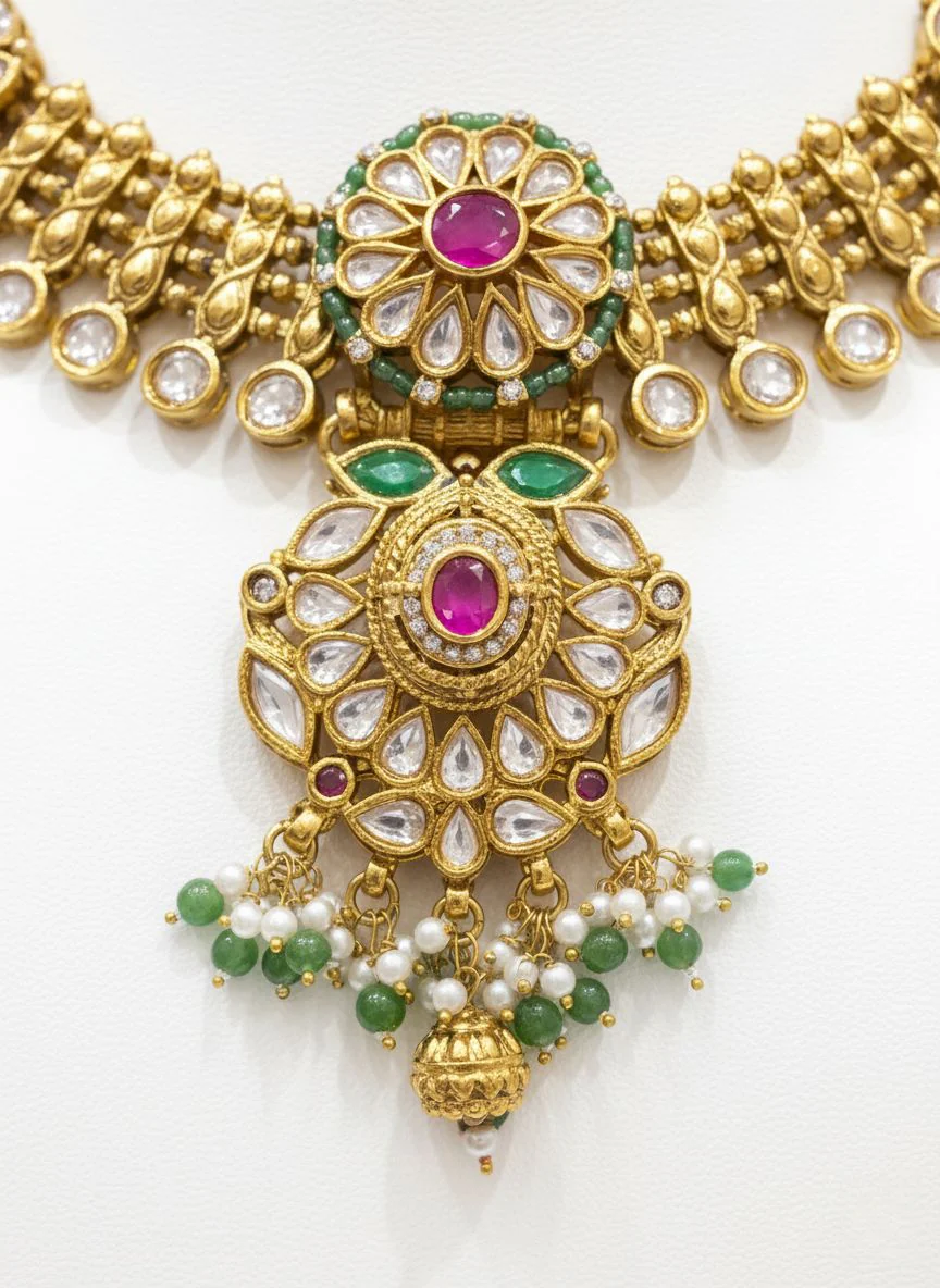 Traditional Kundan Choker Necklace Set with Ruby & Emerald Accents - Image 3