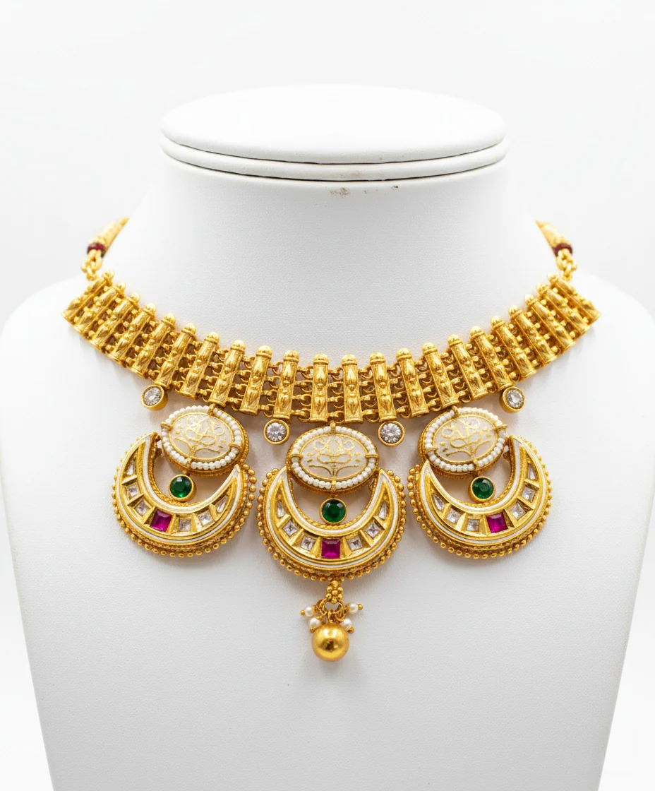 Traditional Kundan Choker Necklace Set with Ruby & Emerald Accents - Image 3