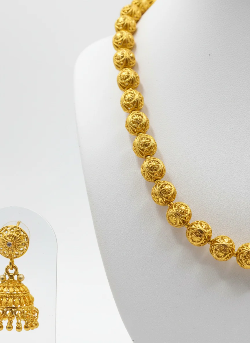 Traditional Matte Gold Beaded Necklace Set with Jhumka Earrings - Image 2