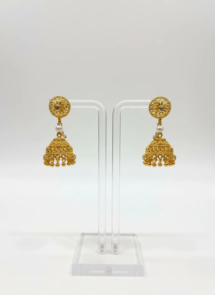 Traditional Matte Gold Beaded Necklace Set with Jhumka Earrings - Image 3
