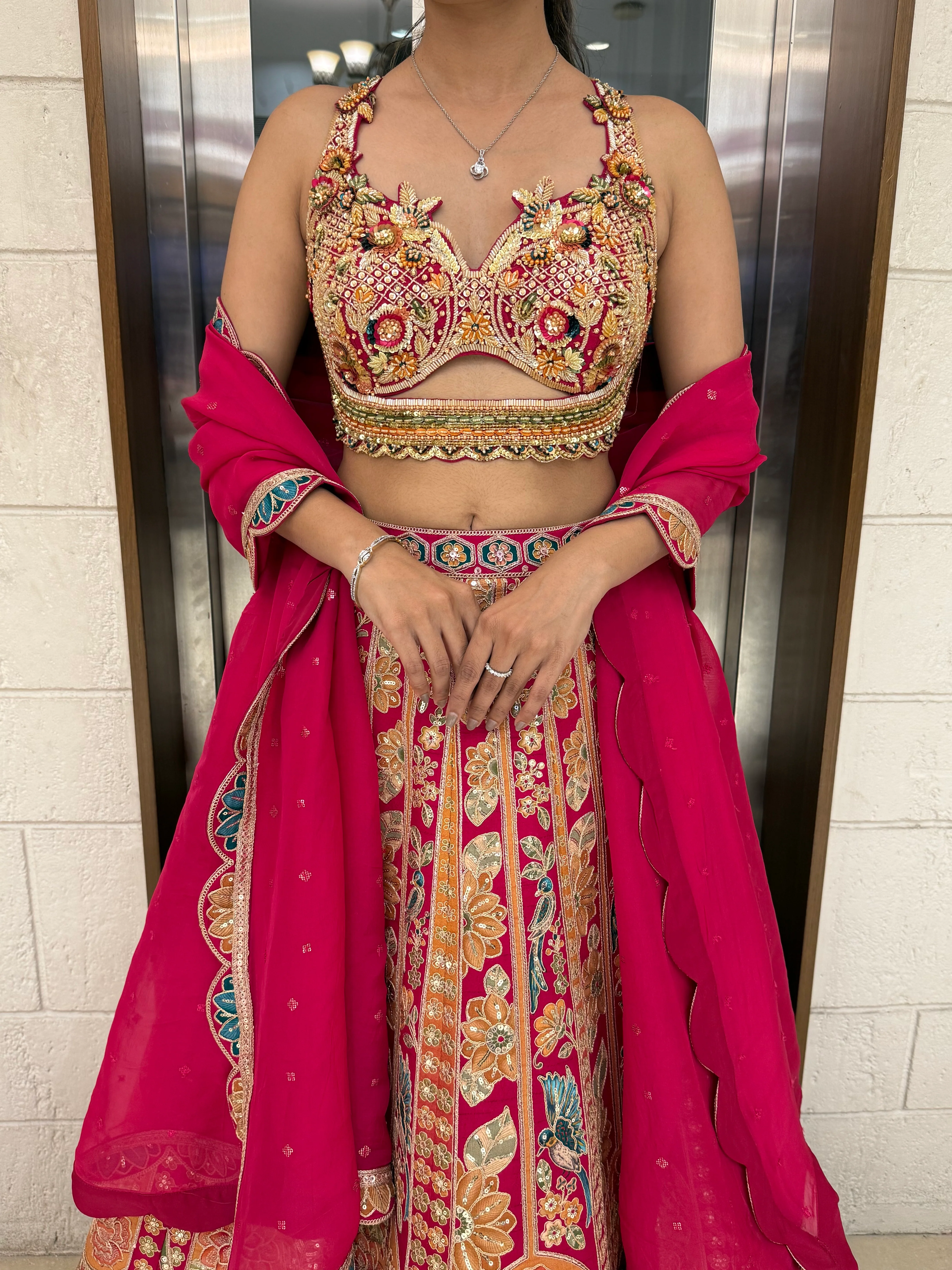 Traditional Multicolor Embroidered Bridal Lehenga with Pink Dupatta - Image 4