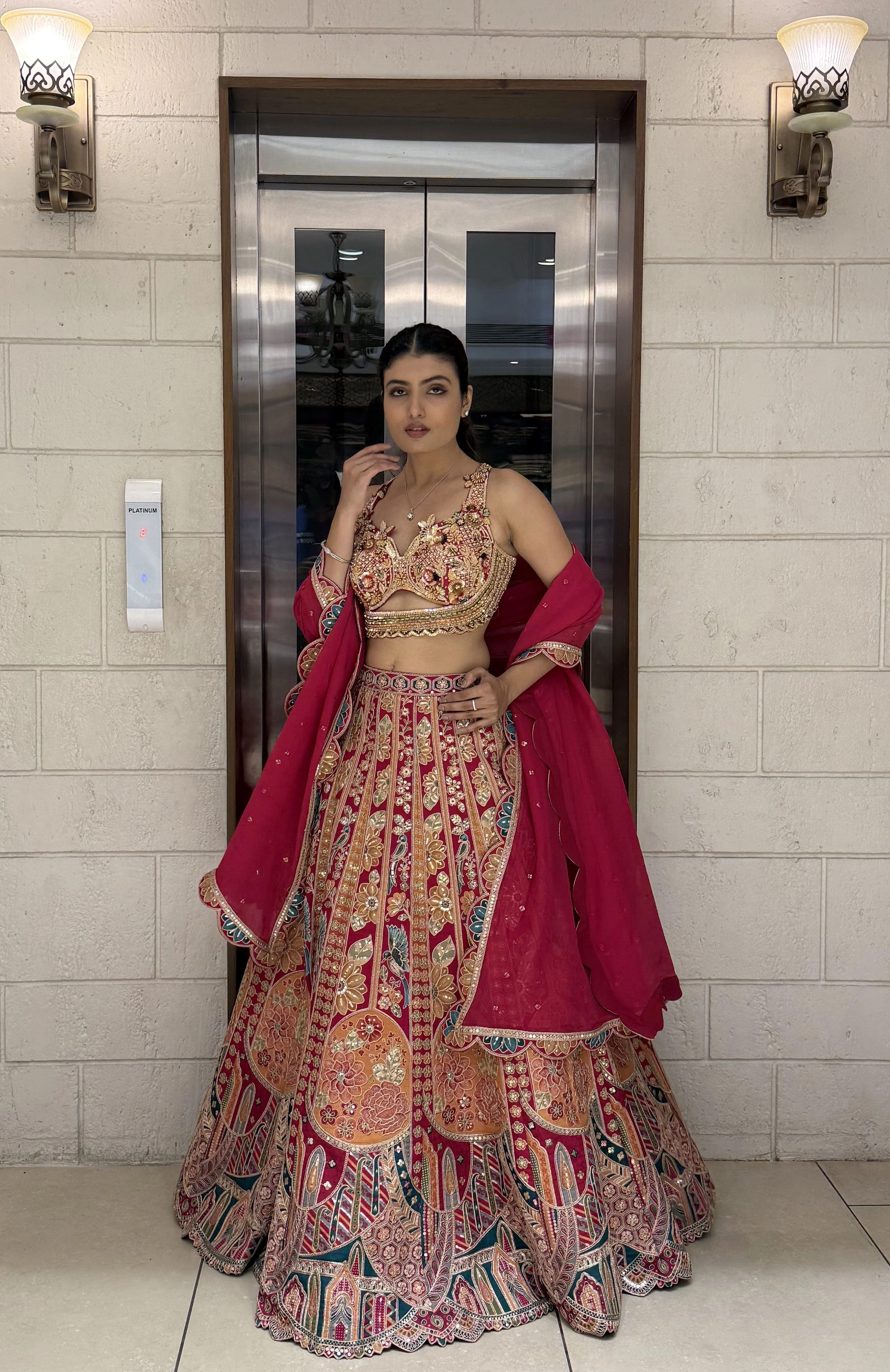 Traditional Multicolor Embroidered Bridal Lehenga with Pink Dupatta - Image 5