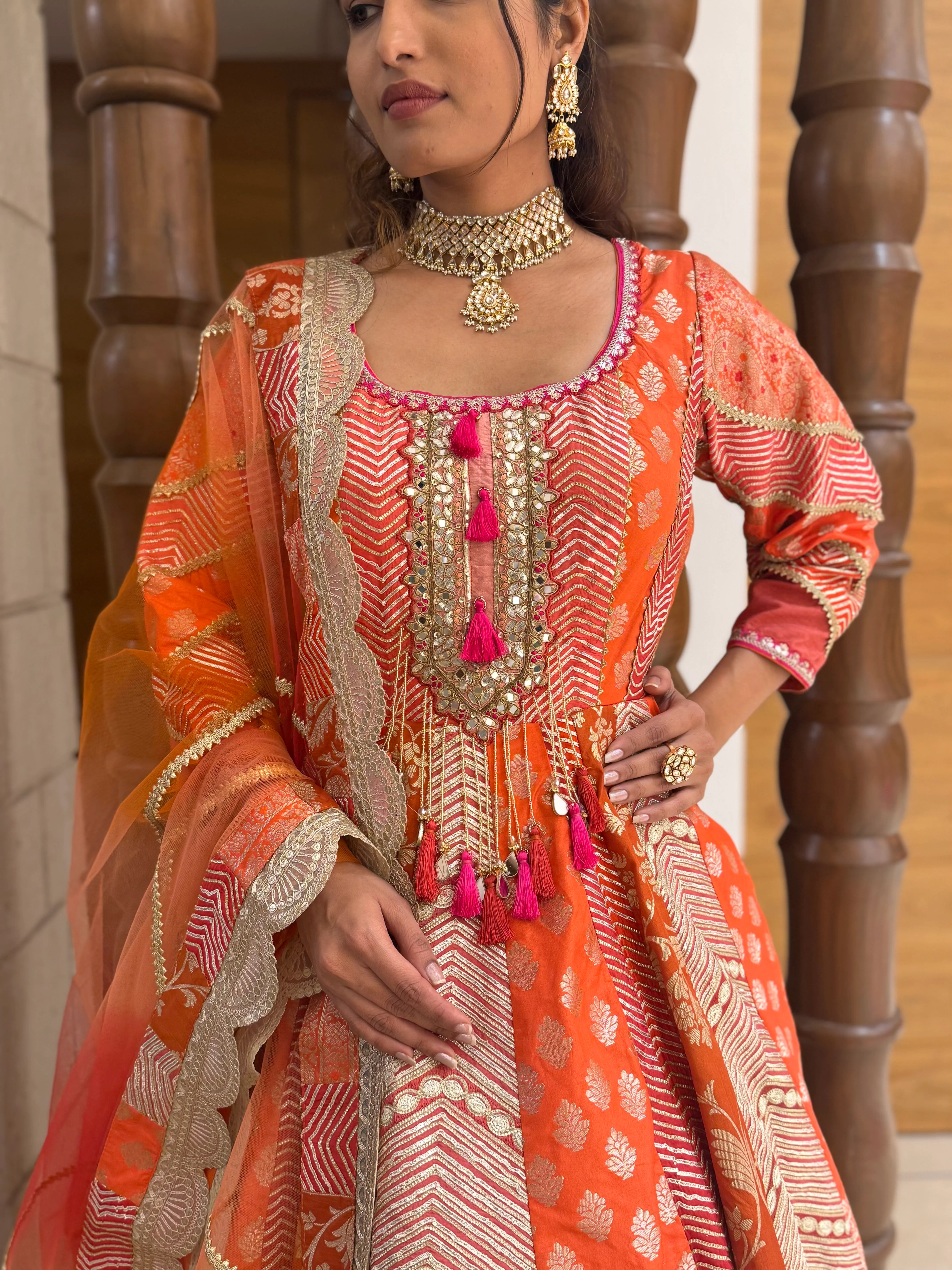 Traditional Orange Embroidered Anarkali Suit with Net Dupatta - Image 2