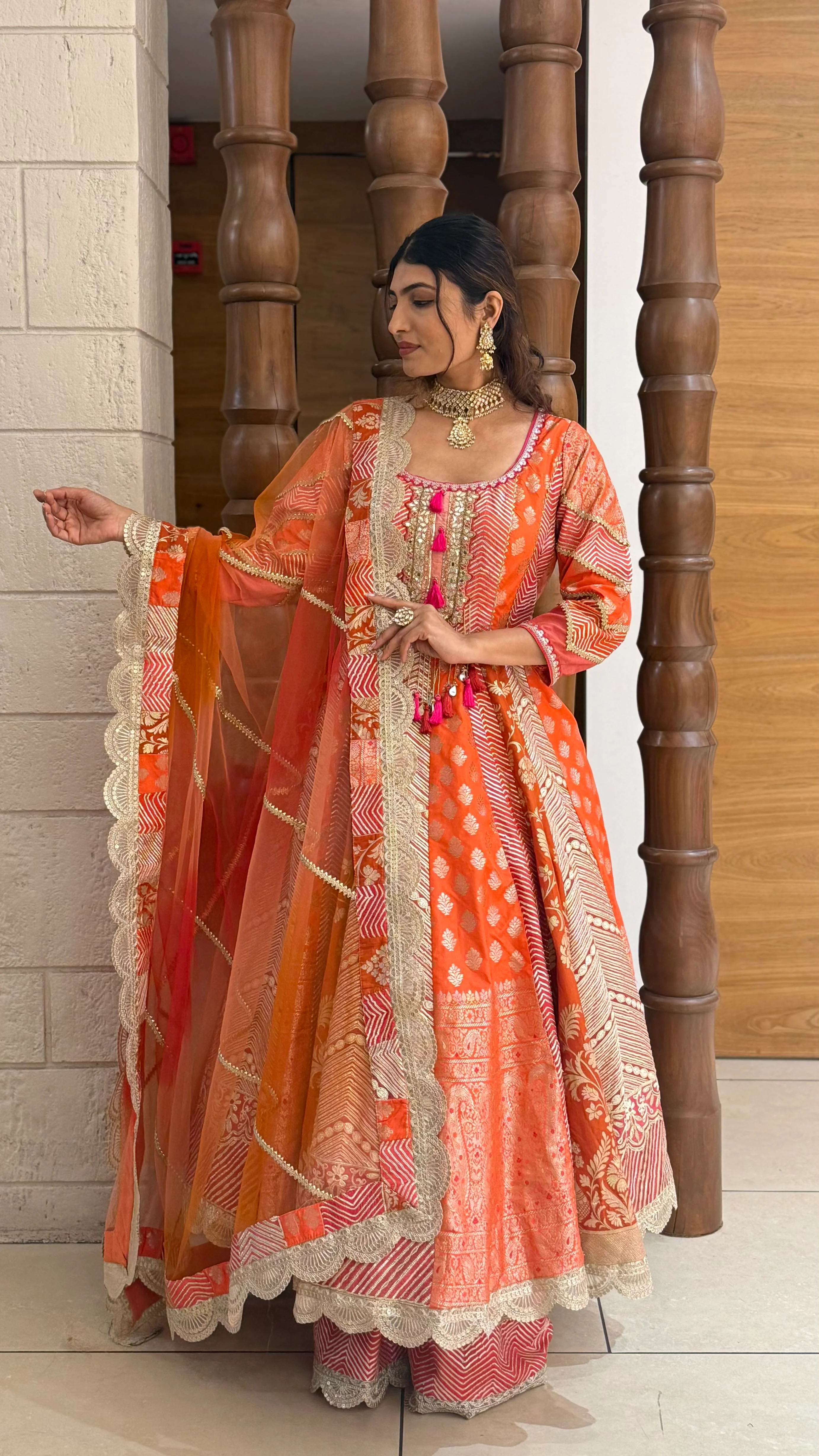 Traditional Orange Embroidered Anarkali Suit with Net Dupatta - Image 3