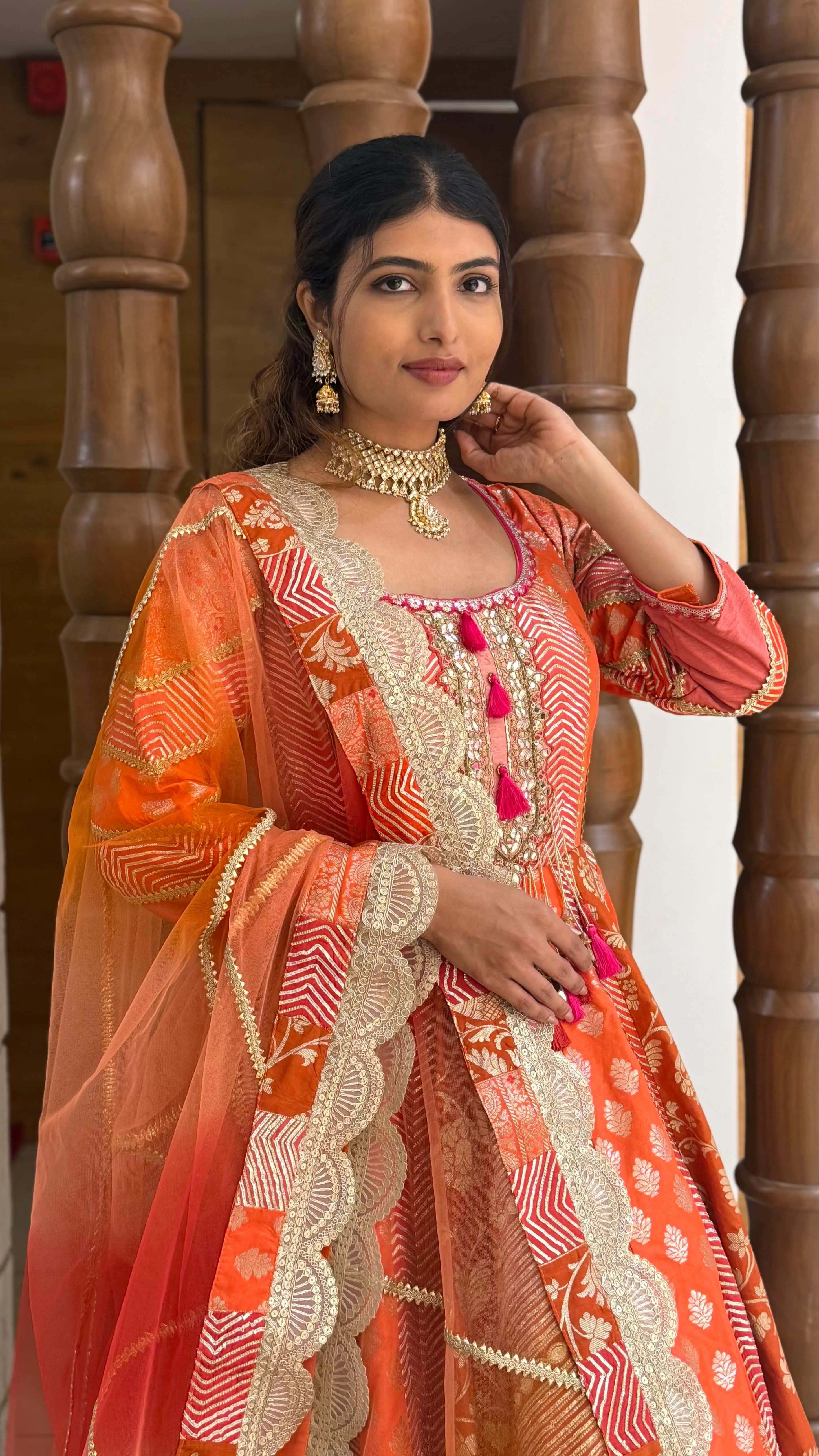 Traditional Orange Embroidered Anarkali Suit with Net Dupatta - Image 4