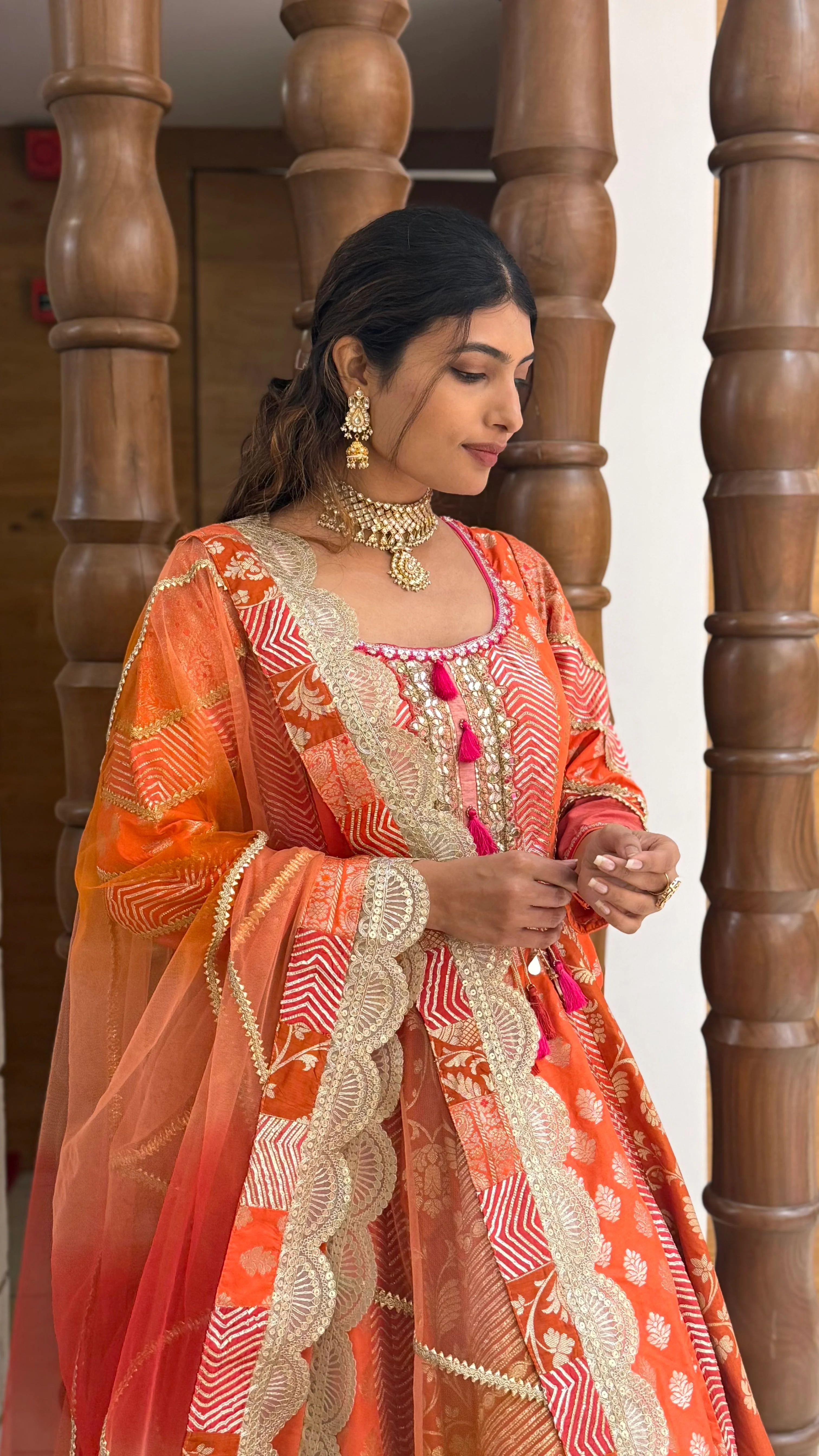 Traditional Orange Embroidered Anarkali Suit with Net Dupatta - Image 5