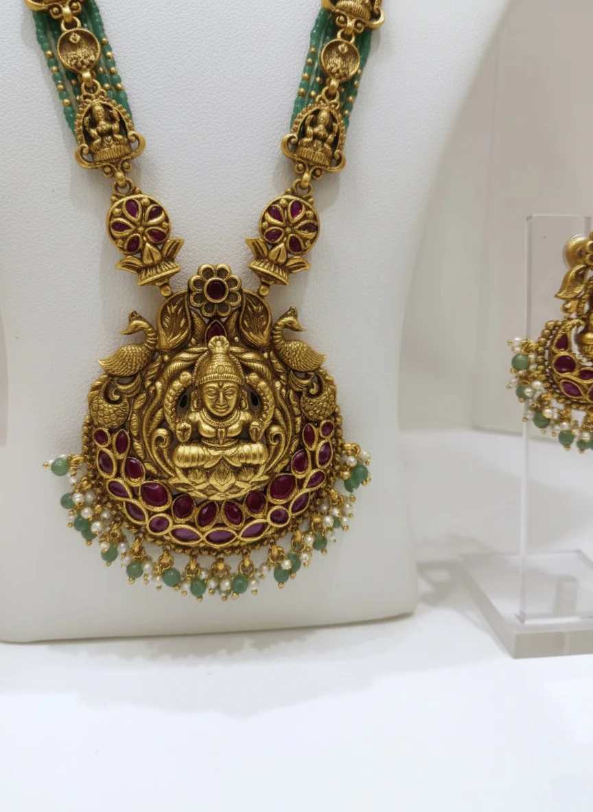 Traditional Temple Jewelry Set with Goddess Lakshmi Design - Image 3
