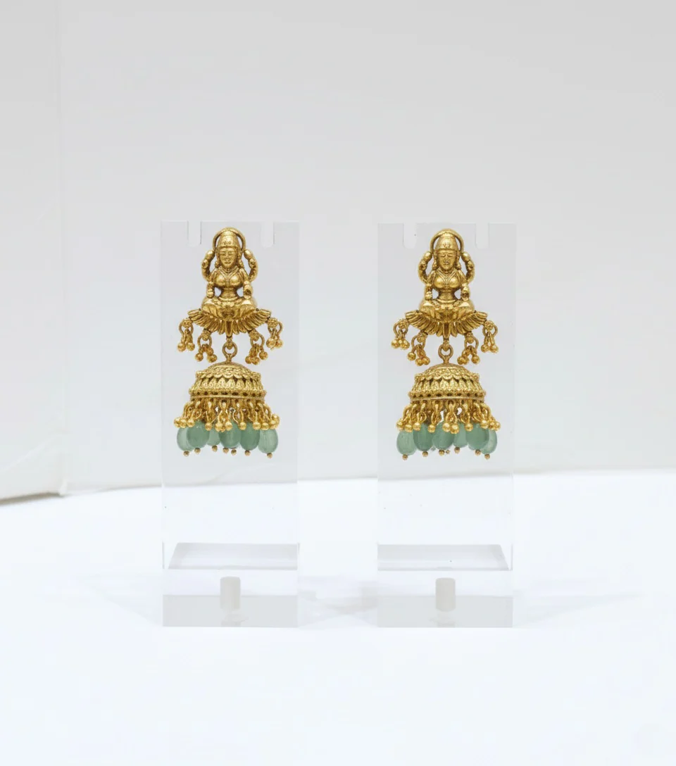 Traditional Temple Jewelry Set with Lakshmi Pendant and Green Beads - Image 2