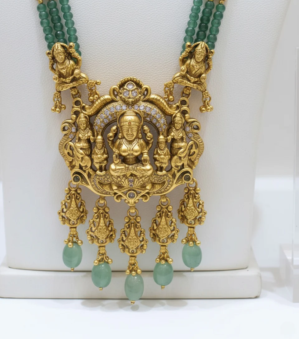 Traditional Temple Jewelry Set with Lakshmi Pendant and Green Beads - Image 3
