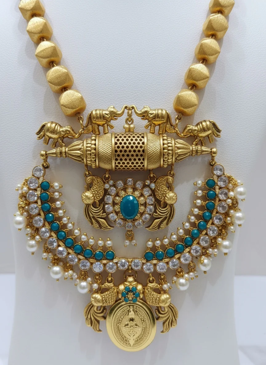 Traditional Temple Jewelry Set with Turquoise and Pearl Embellishments - Image 3