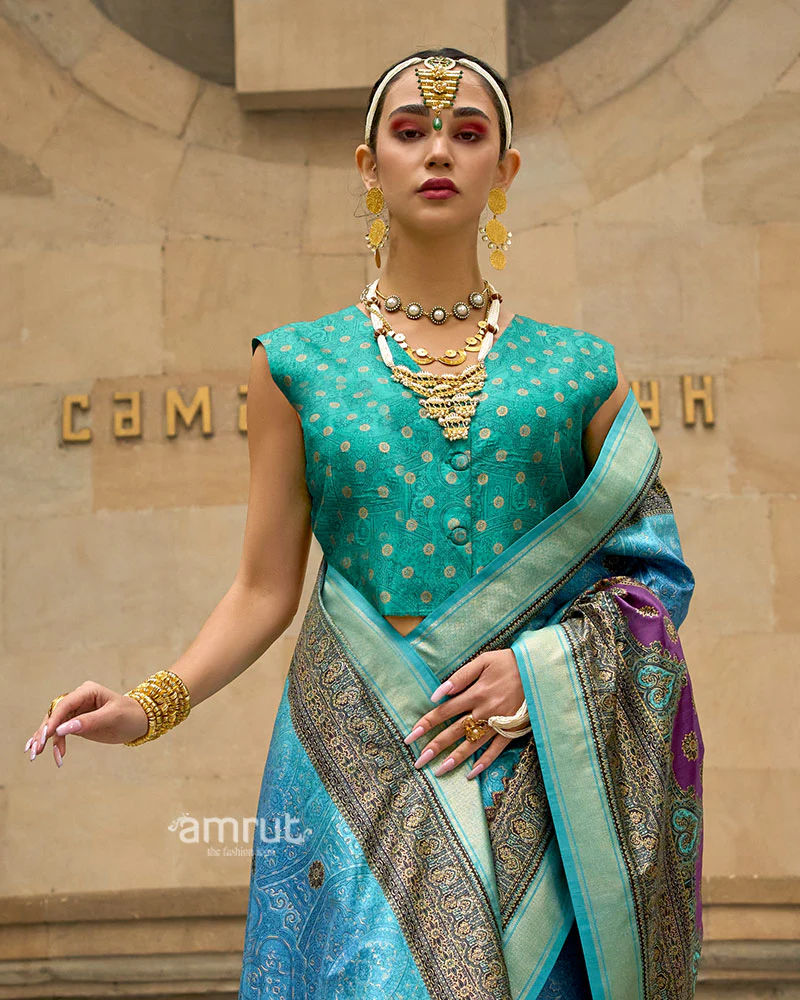 Turquoise and Blue Woven Silk Saree with Multicolor Border and Unstitched Blouse - Image 2