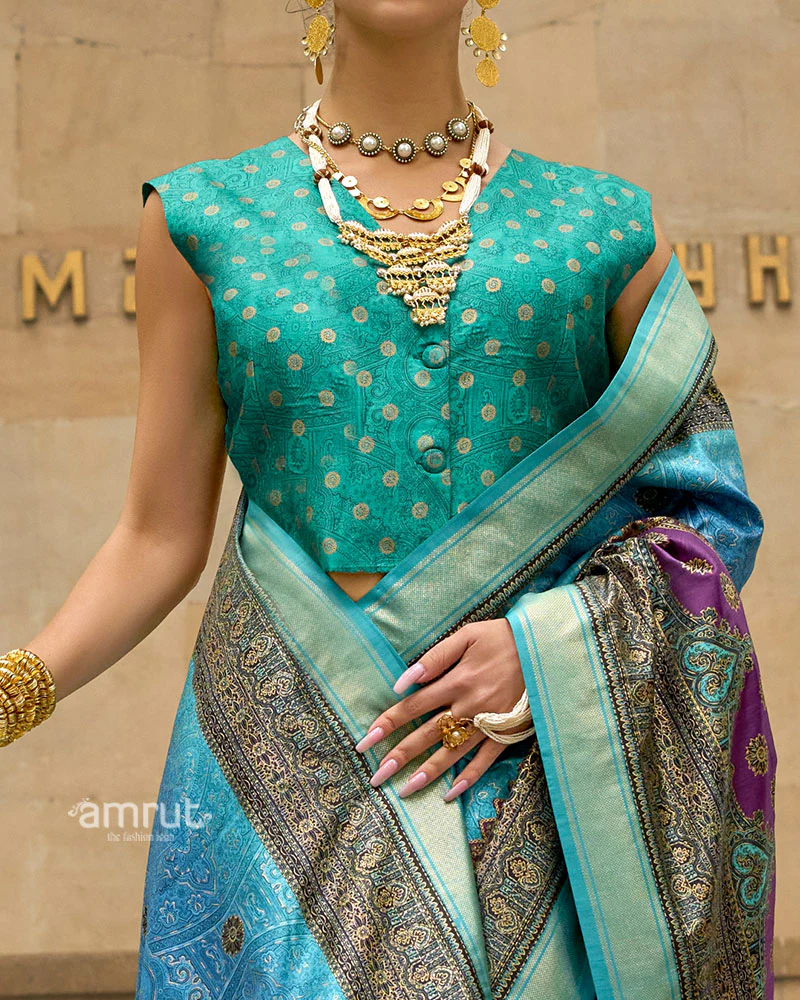 Turquoise and Blue Woven Silk Saree with Multicolor Border and Unstitched Blouse - Image 3