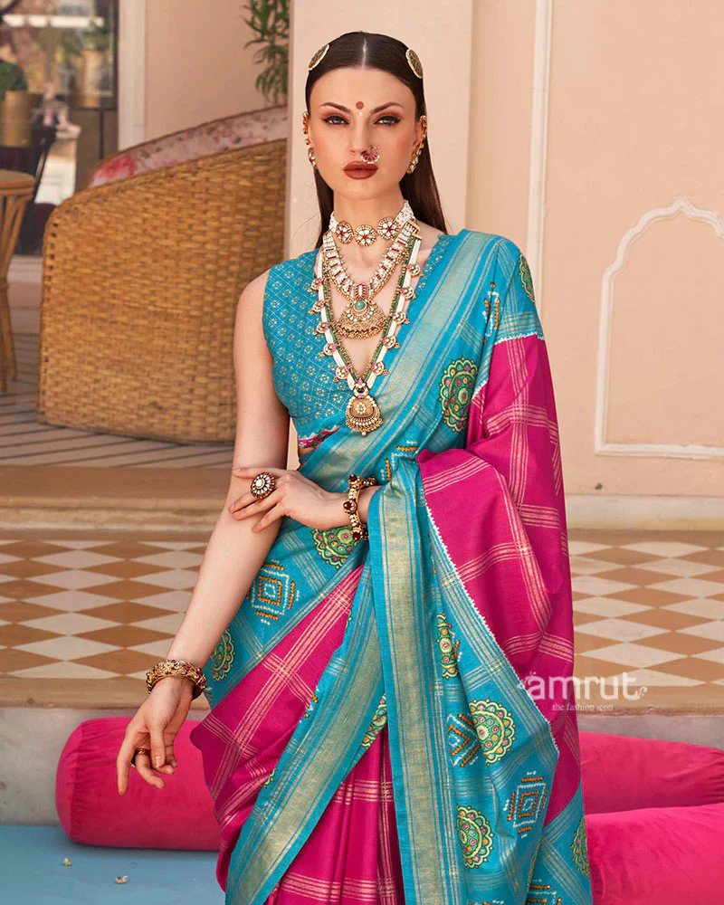 Turquoise and Magenta Printed Patola Silk Saree with Unstitched Blouse - Image 2
