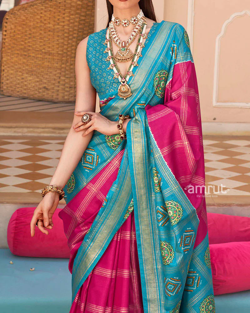 Turquoise and Magenta Printed Patola Silk Saree with Unstitched Blouse - Image 3