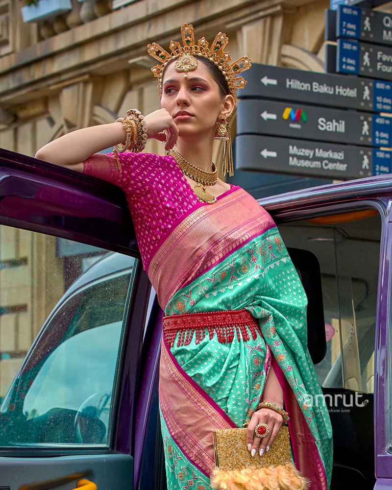 Turquoise Blue and Pink Patola Printed Saree with Zari Border & Unstitched Blouse - Image 2