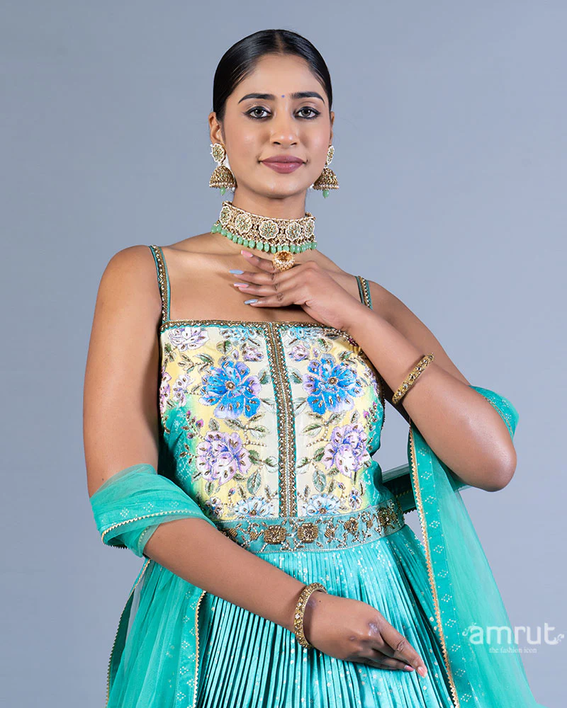 Turquoise Blue Embellished Gown with Floral Embroidery and Dupatta - Image 2