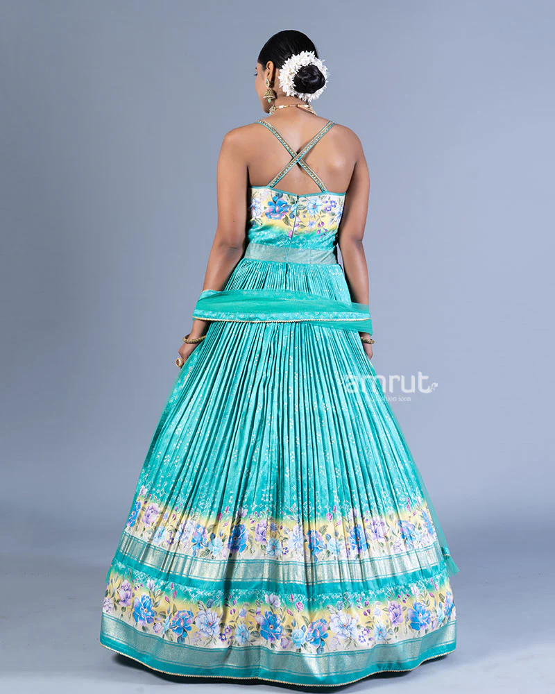 Turquoise Blue Embellished Gown with Floral Embroidery and Dupatta - Image 3