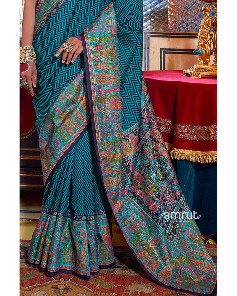Turquoise Intricate Floral Embroidery Embellished Pashmina Silk Saree with Unstitched Blouse - Image 3