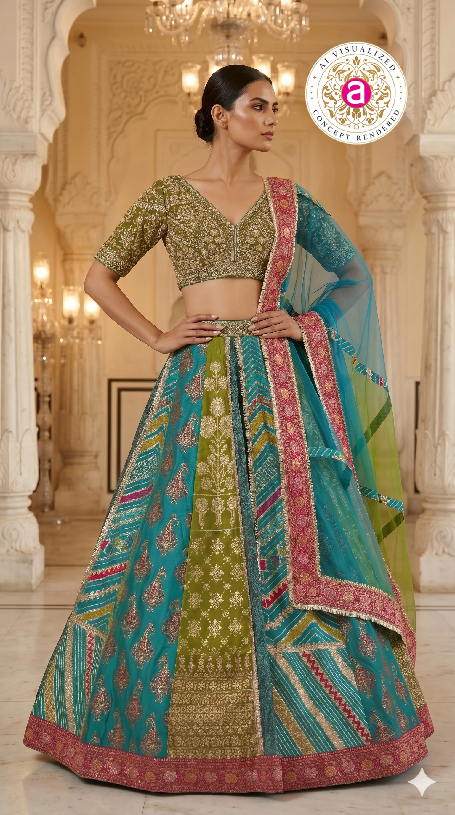 Turquoise Multicolor Designer Lehenga Set with Embroidered Blouse & Contrast Dupatta - Image 3