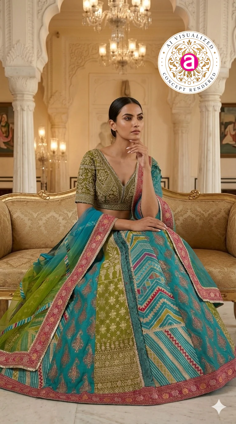 Turquoise Multicolor Designer Lehenga Set with Embroidered Blouse & Contrast Dupatta - Image 4