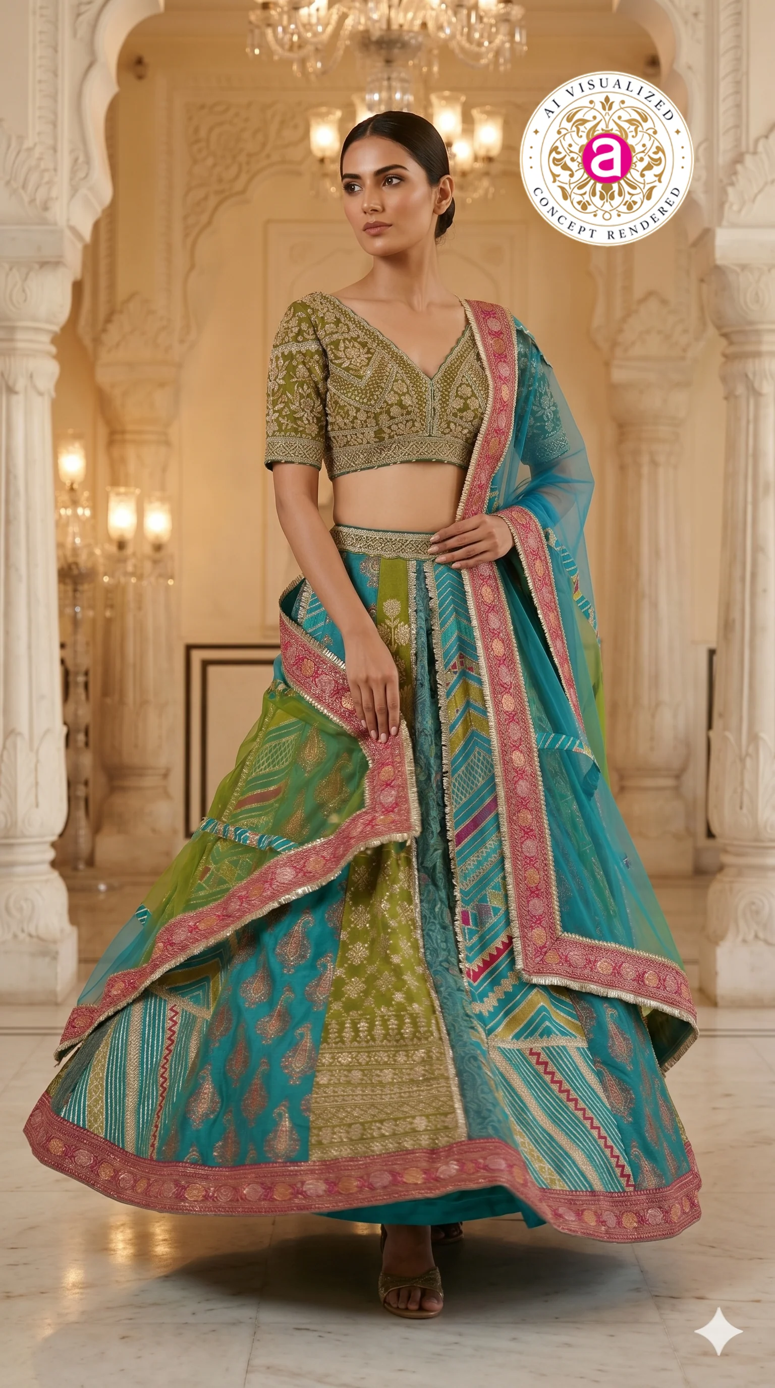 Turquoise Multicolor Designer Lehenga Set with Embroidered Blouse & Contrast Dupatta - Image 5