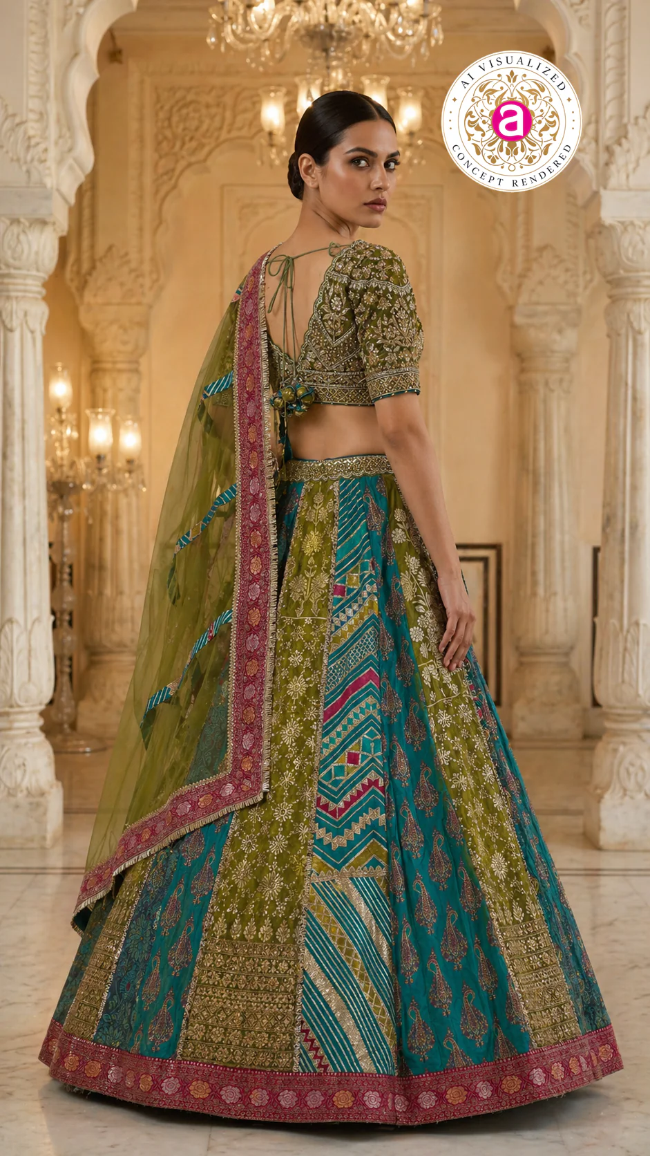 Turquoise Multicolor Designer Lehenga Set with Embroidered Blouse & Contrast Dupatta - Image 6