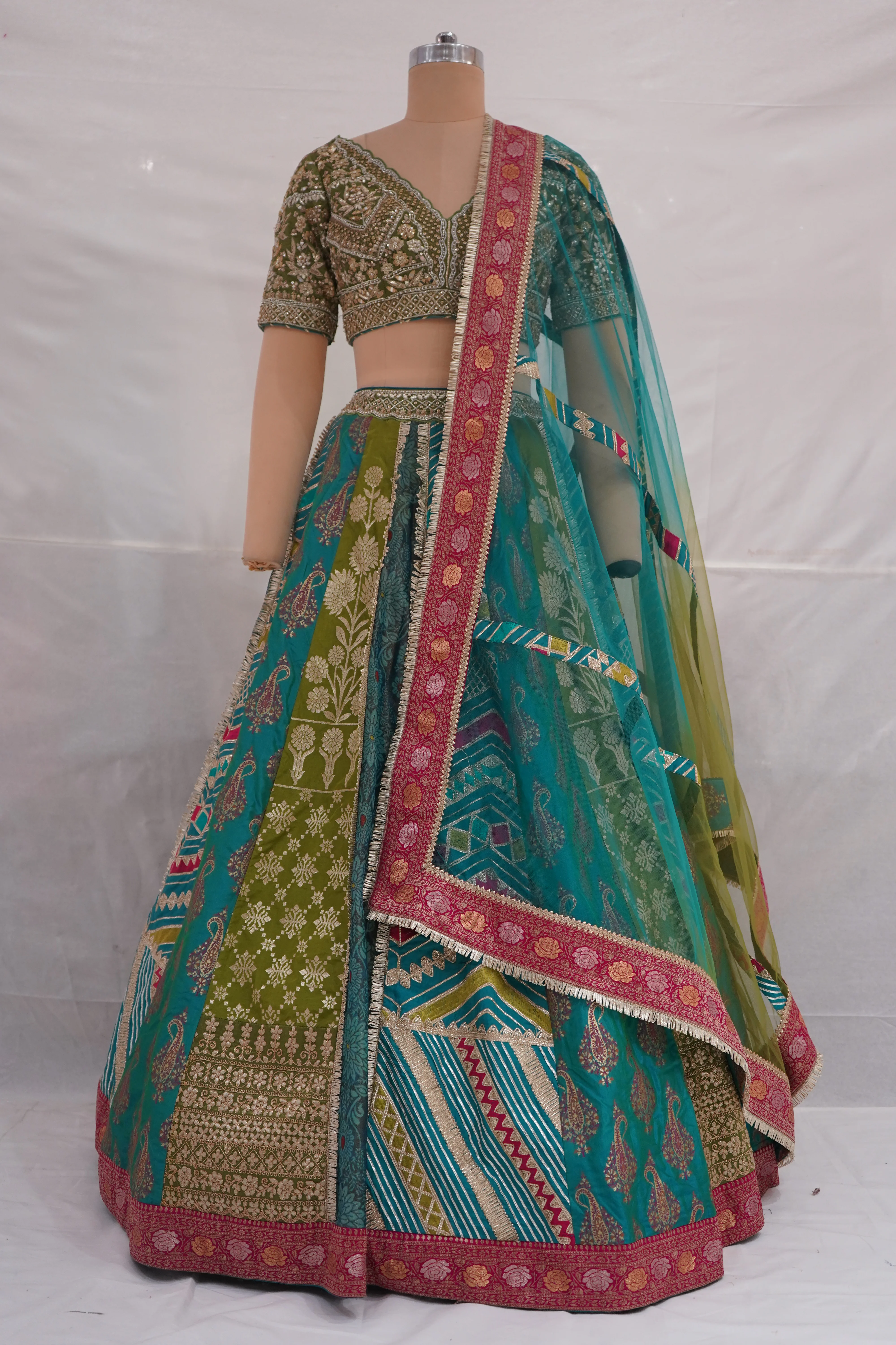 Turquoise Multicolor Designer Lehenga Set with Embroidered Blouse & Contrast Dupatta - Image 7