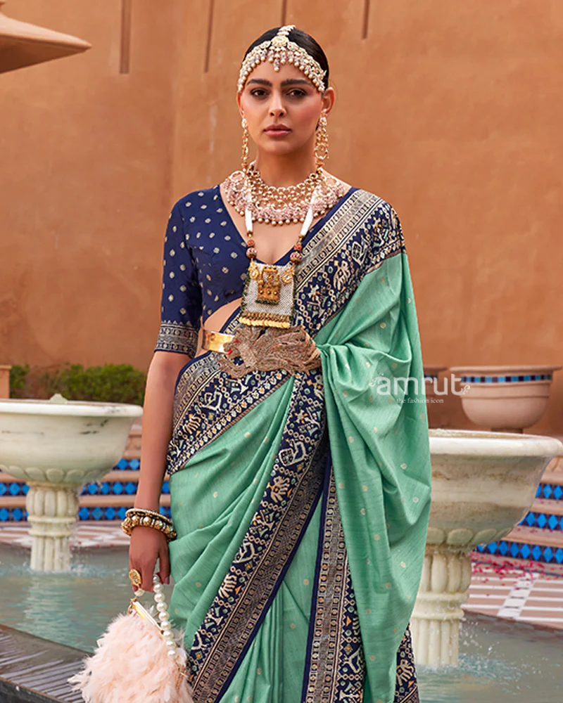 Turquoise Zari Weaving Blue Border Saree in Patola Silk with Unstitched Blouse - Image 2