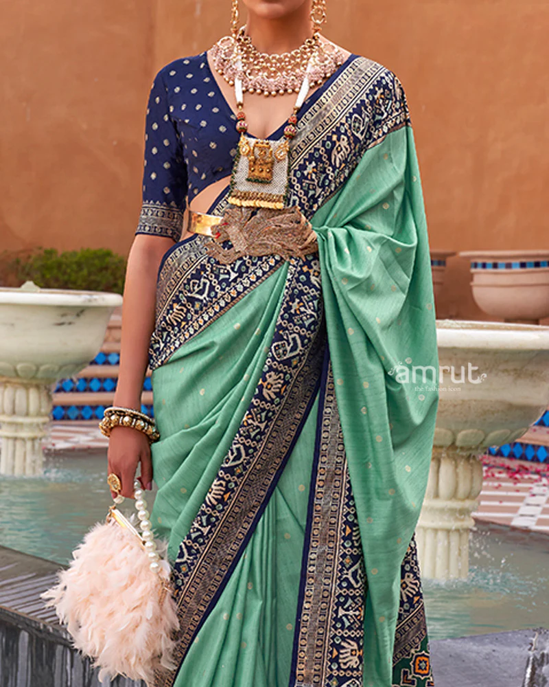 Turquoise Zari Weaving Blue Border Saree in Patola Silk with Unstitched Blouse - Image 3