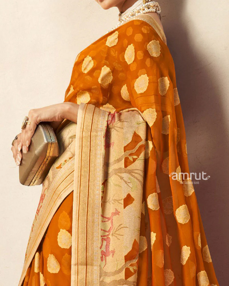 Tuscany Yellow with Golden Polka Dots Nature Inspired Print Border Georgette Saree and Unstitched Blouse - Image 3