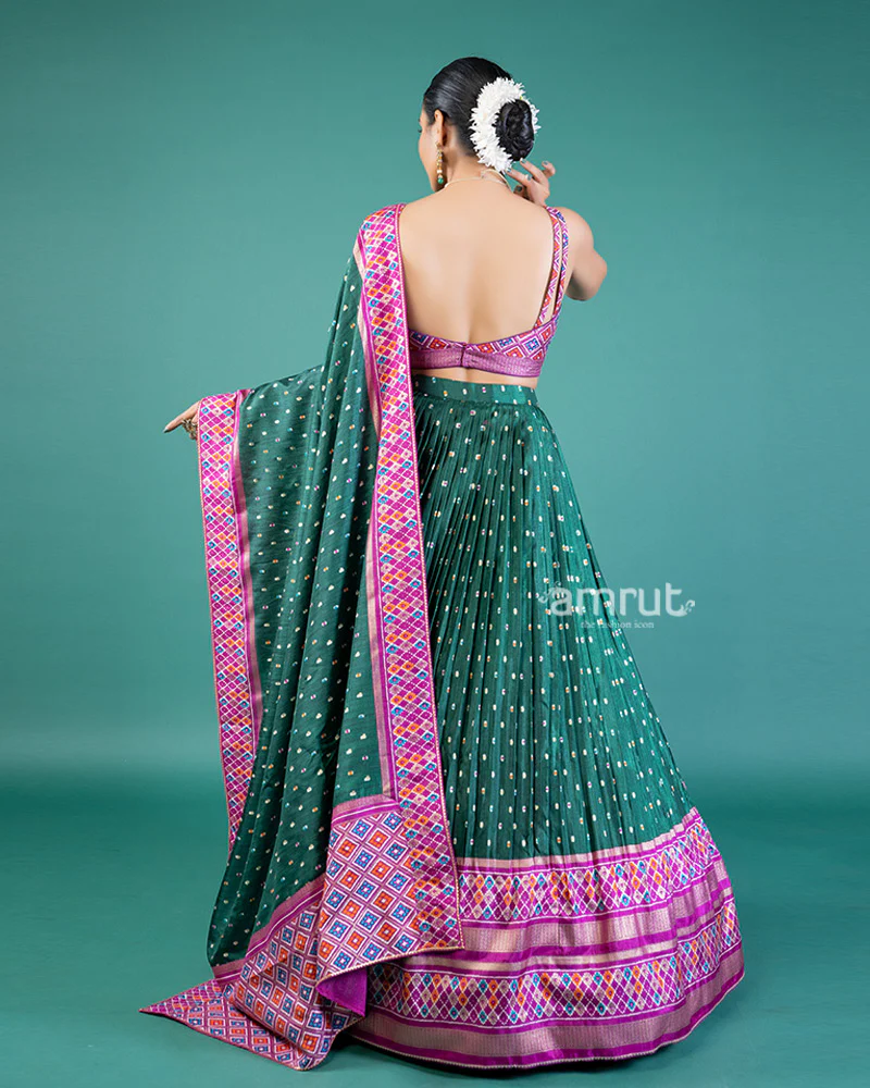 Vibrant Aqua Deep Lehenga with Pink Border and Embroidered Choli with Dupatta - Image 3