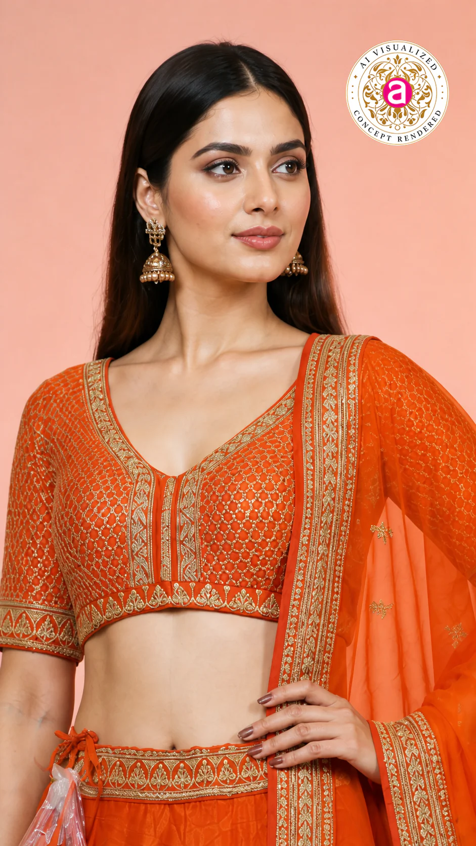 Vibrant Orange Silk Lehenga Choli with Zari Border & Dupatta - Image 2