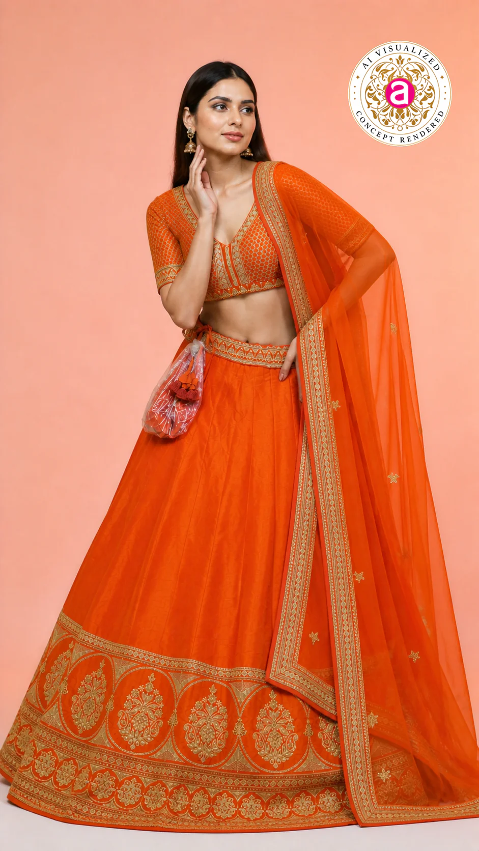 Vibrant Orange Silk Lehenga Choli with Zari Border & Dupatta - Image 3