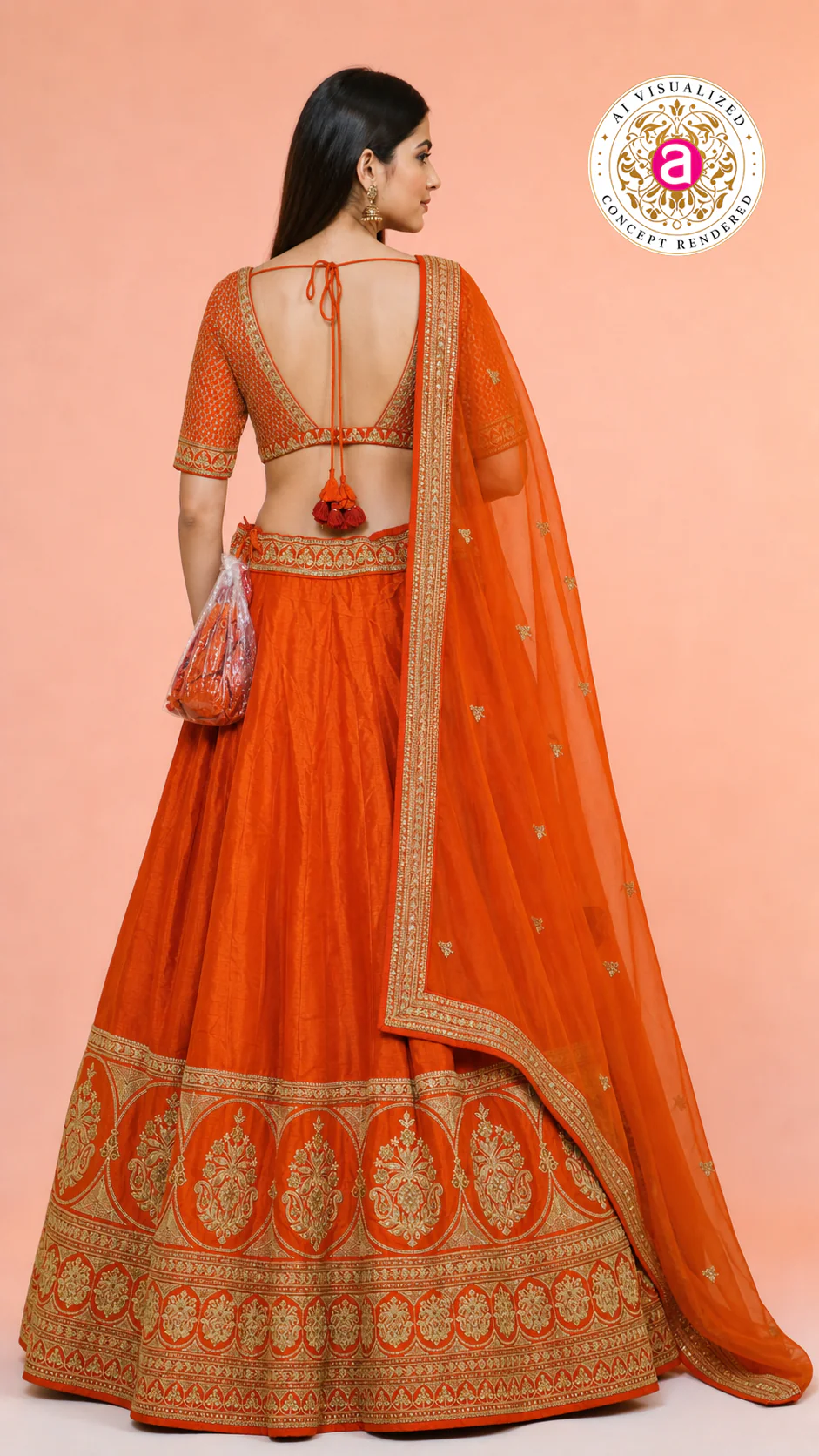 Vibrant Orange Silk Lehenga Choli with Zari Border & Dupatta - Image 4