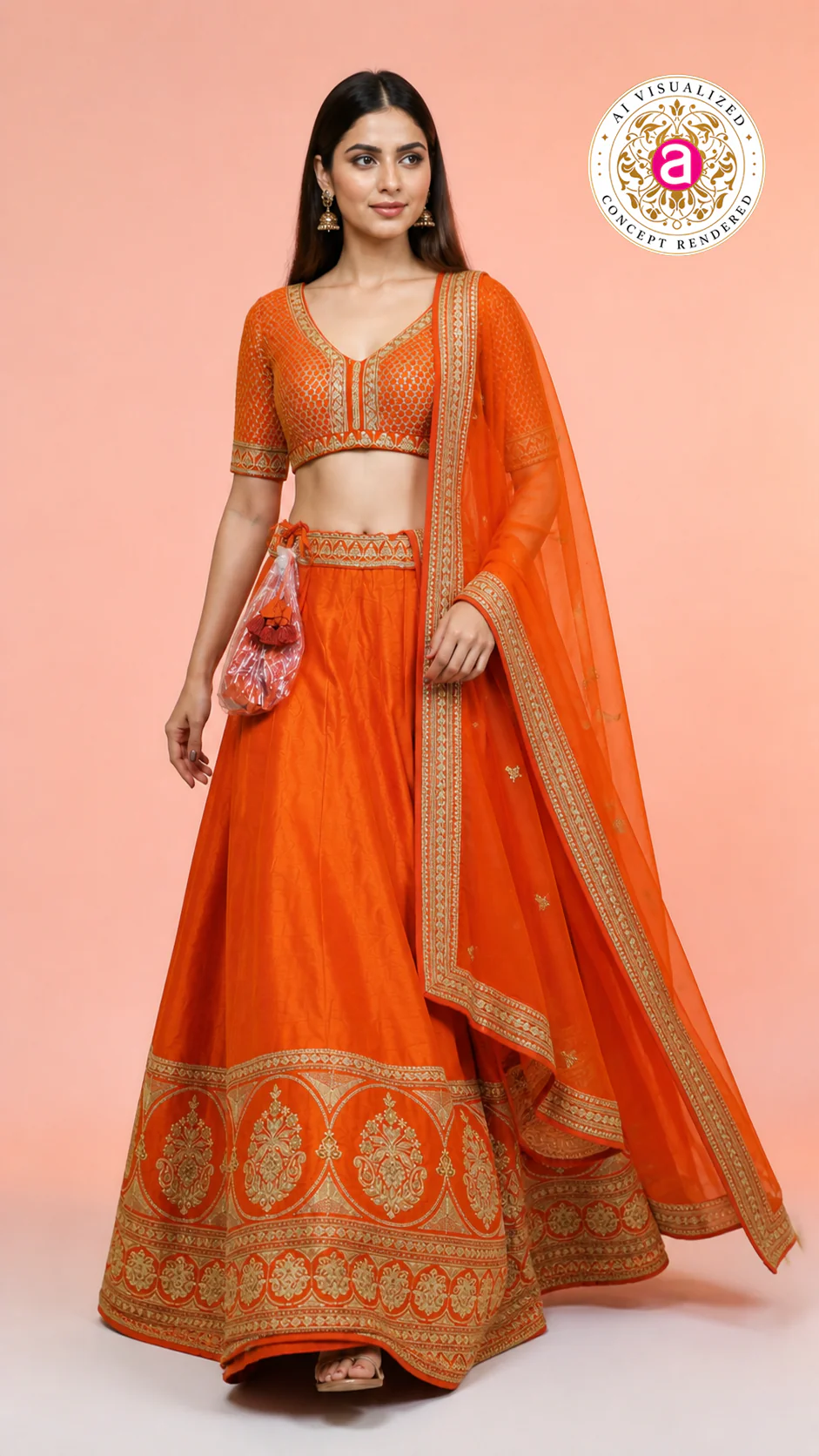 Vibrant Orange Silk Lehenga Choli with Zari Border & Dupatta - Image 5
