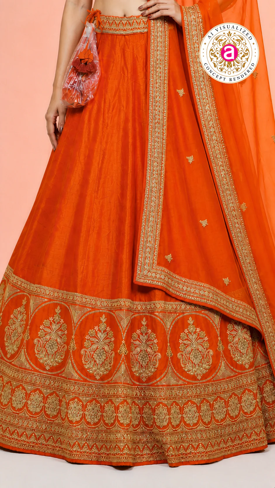 Vibrant Orange Silk Lehenga Choli with Zari Border & Dupatta - Image 6