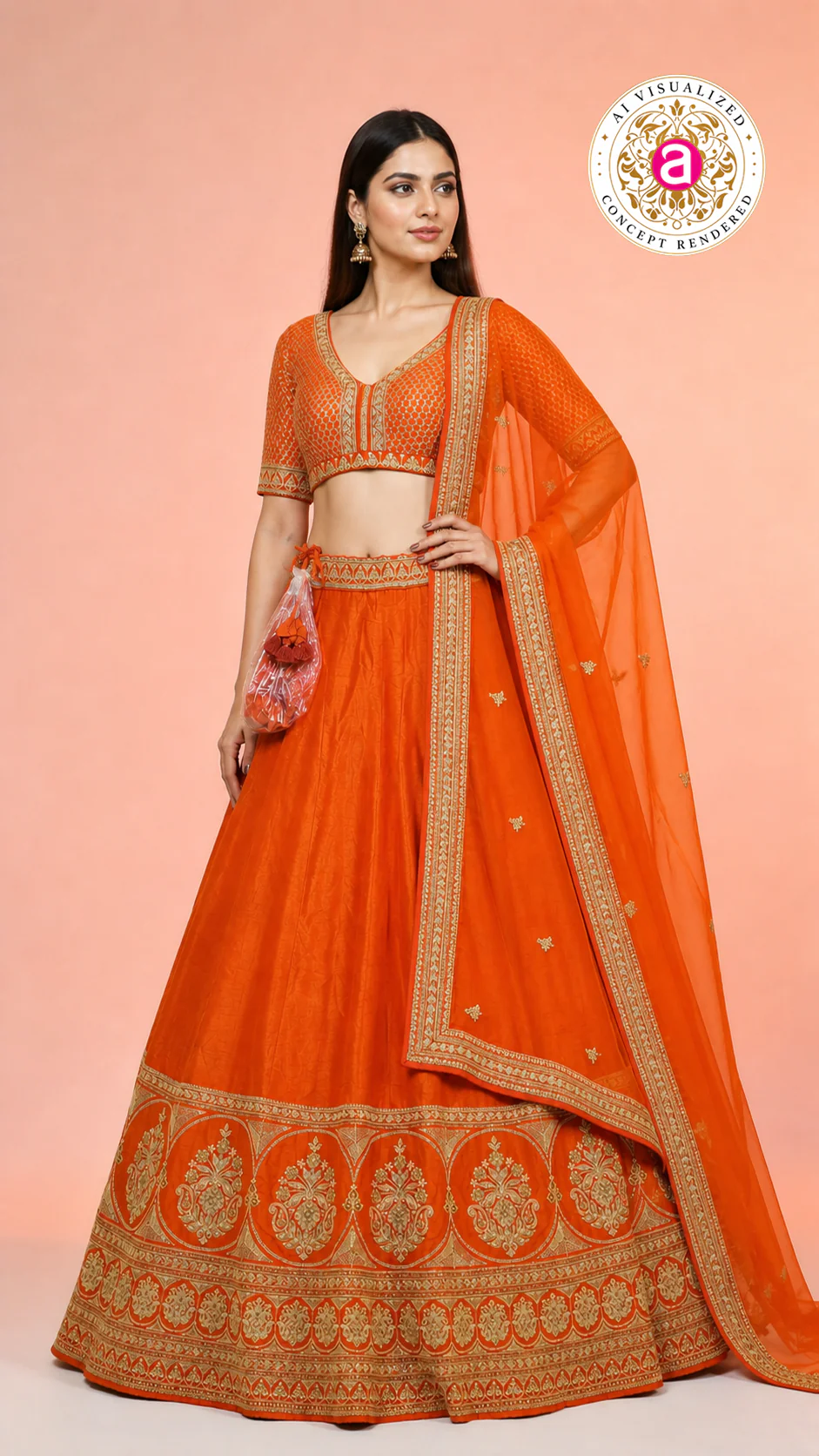 Vibrant Orange Silk Lehenga Choli with Zari Border & Dupatta - Image 7