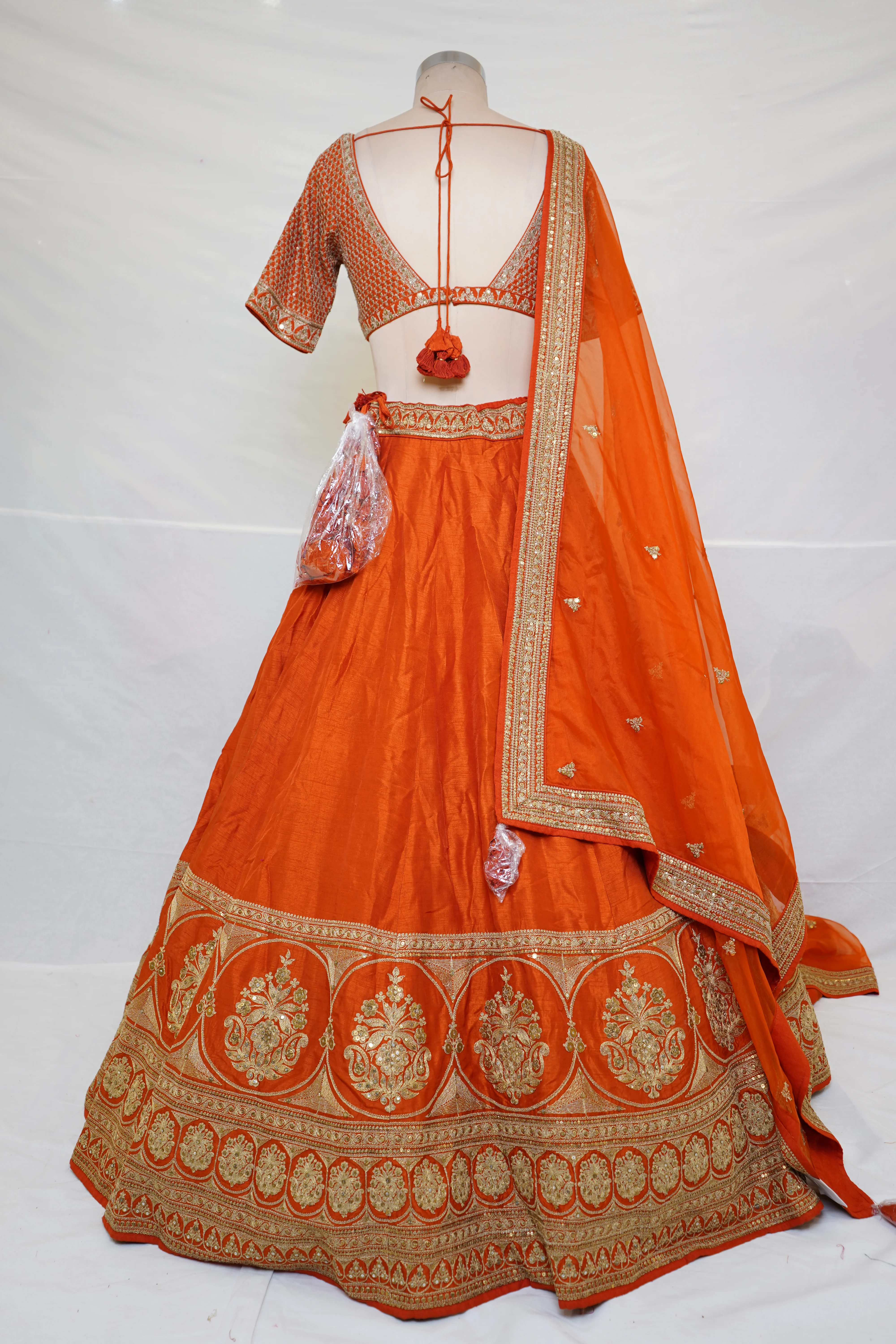 Vibrant Orange Silk Lehenga Choli with Zari Border & Dupatta - Image 8