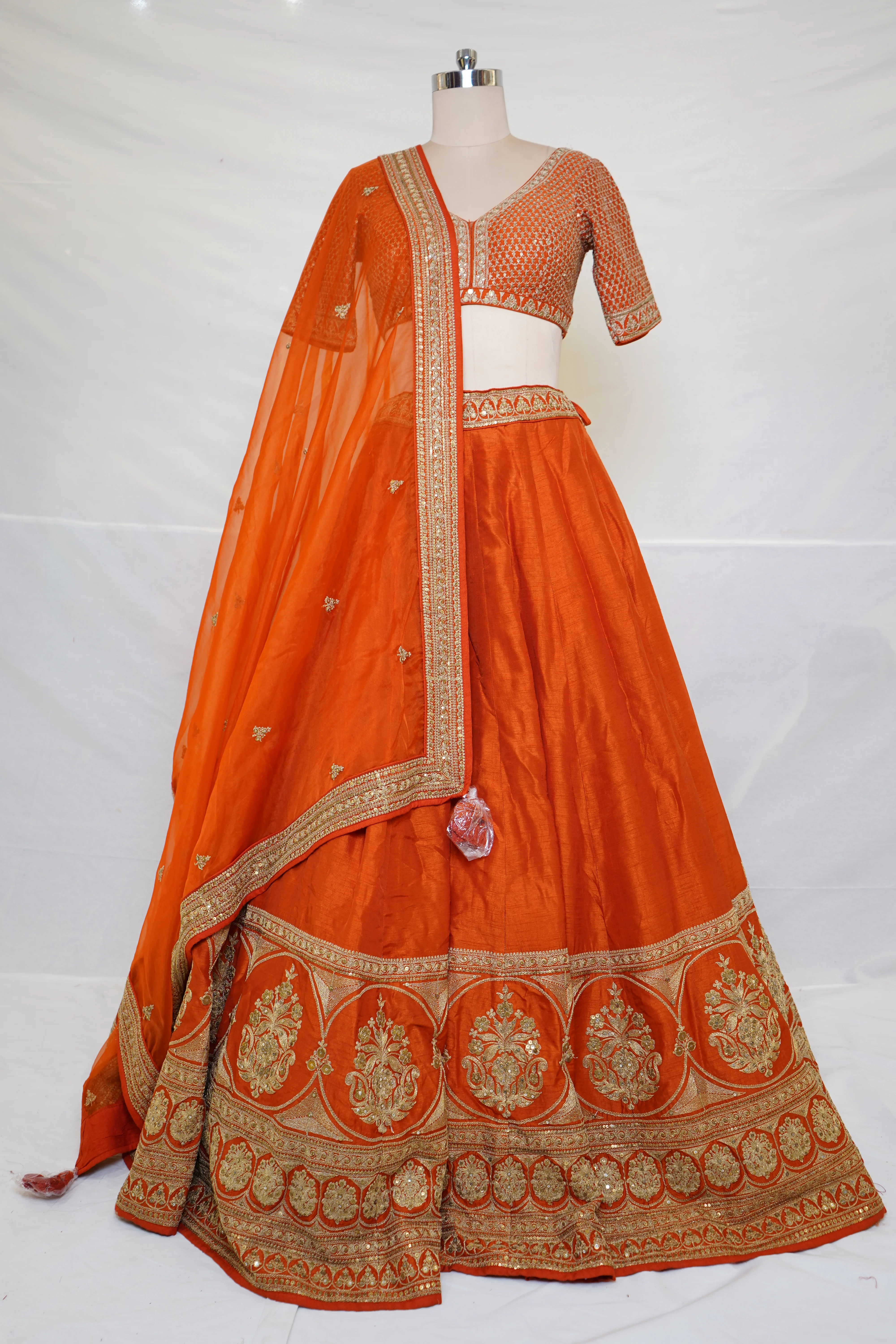 Vibrant Orange Silk Lehenga Choli with Zari Border & Dupatta - Image 9