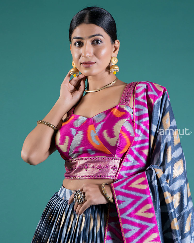 Vibrant Pink & Purple and Grey Ikat Lehenga Choli and Dupatta - Image 2