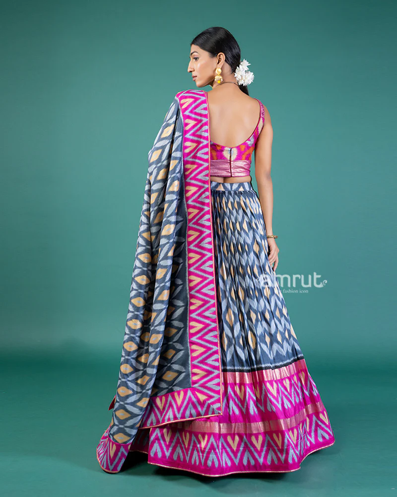 Vibrant Pink & Purple and Grey Ikat Lehenga Choli and Dupatta - Image 3