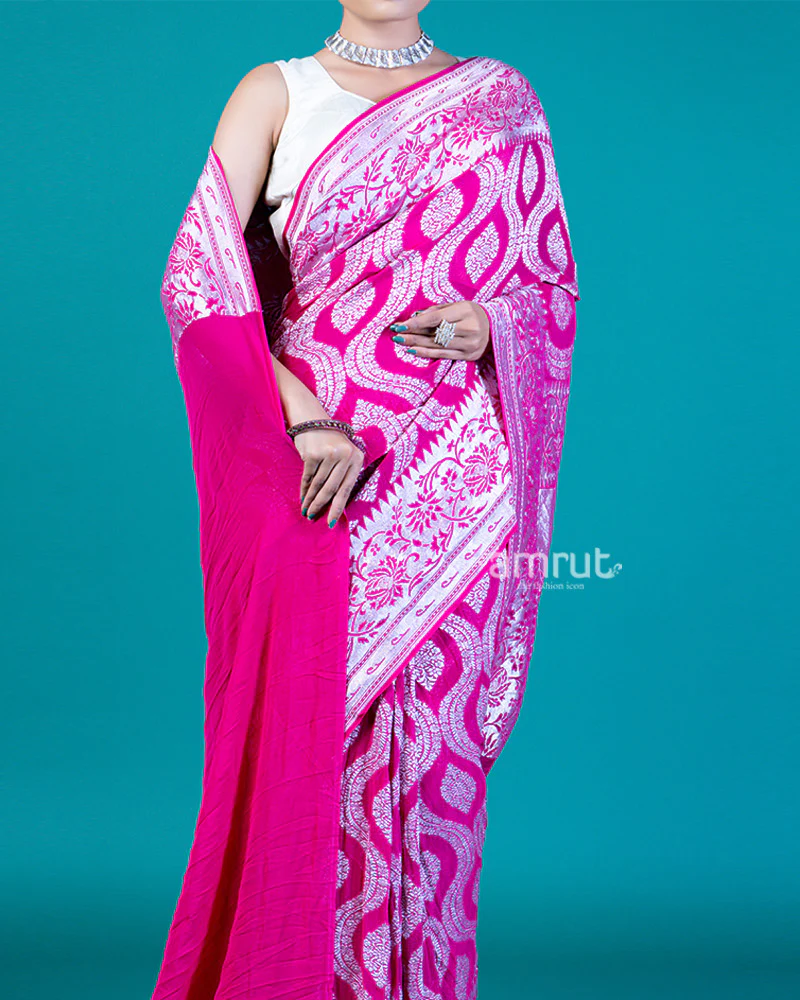 Vibrant Pink Saree with Silver Paisley Design and Unstitched Blouse - Image 3